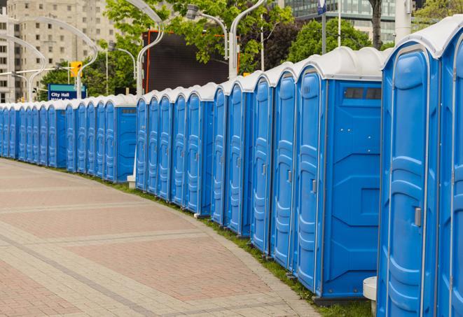 a fleet of portable restrooms ready for use at a large outdoor wedding or celebration in Barataria, LA